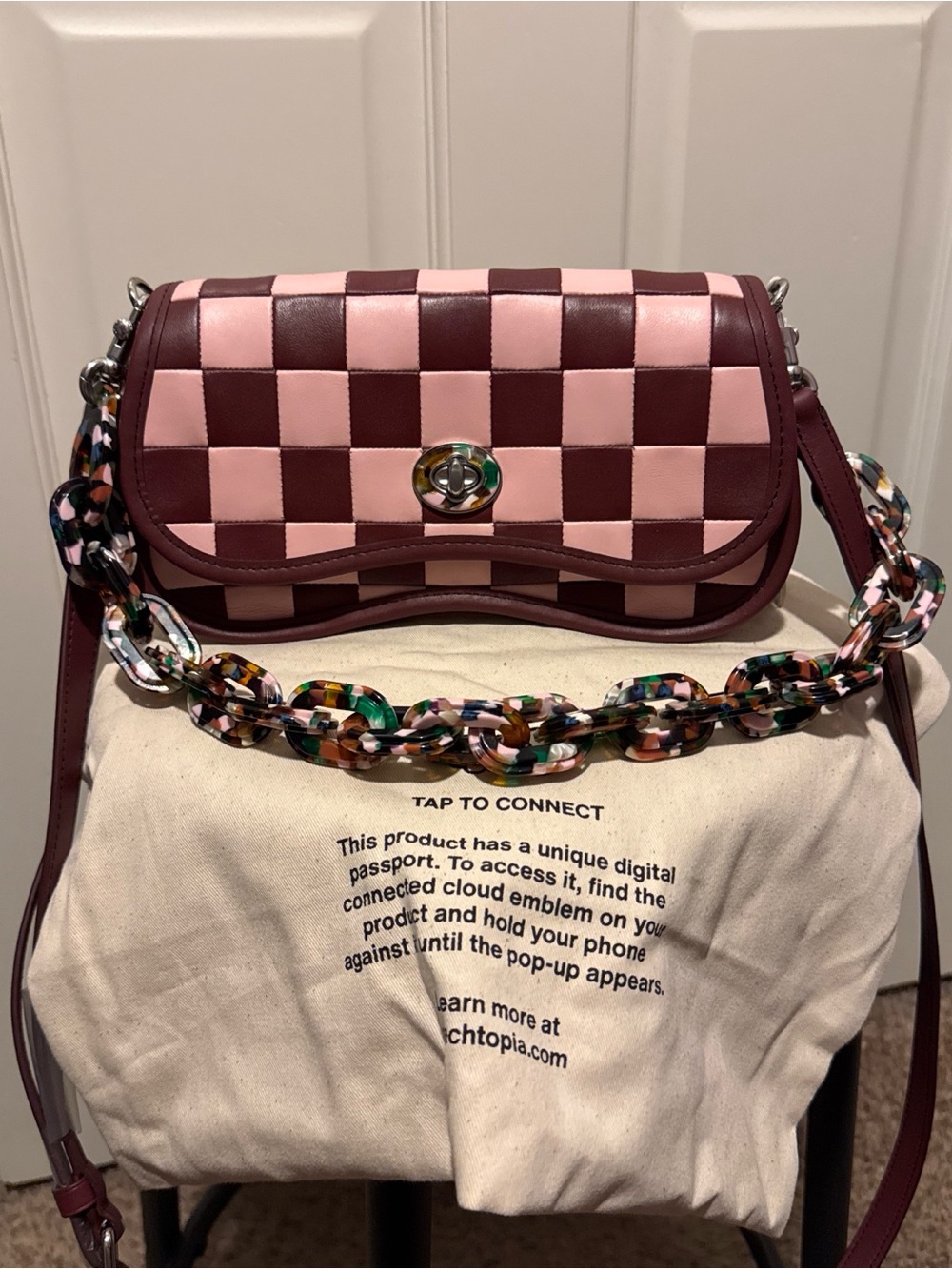 Checkerboard Pink & Burgundy Crossbody with Multicolor Chain Strap